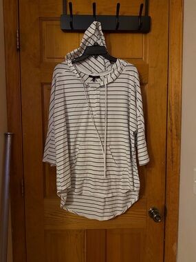 Olivia Sky White Hoodie with Black Stripes and Drawstring